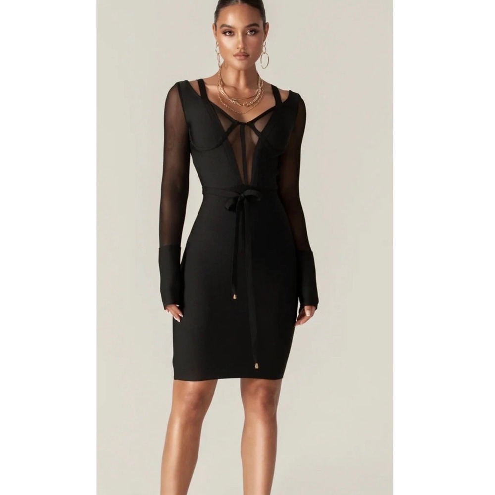 Alieva Roxane Mesh Bandage Belted Dress Black Size XL Bodycon Cocktail